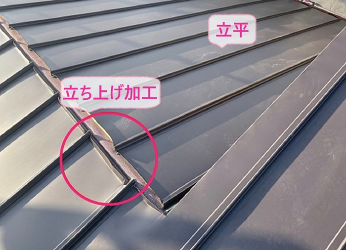 屋根勾配の緩いカラーベスト屋根の貼り替えで立平を立ち上げ加工して葺いている様子